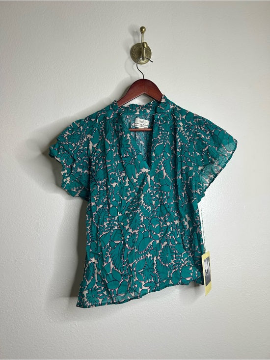 Trovata 100% Cotton Teal Floral Short Flutter Sleeve Clover Blouse