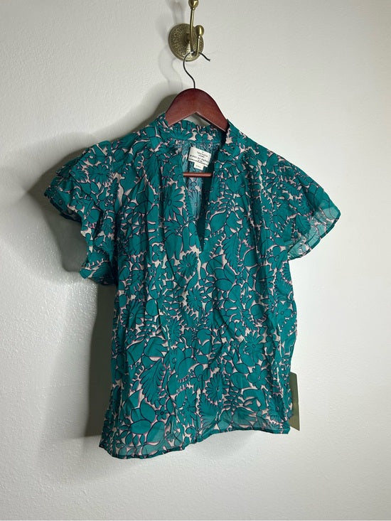 Trovata 100% Cotton Teal Floral Short Flutter Sleeve Clover Blouse