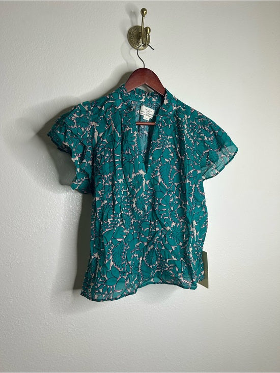 Trovata 100% Cotton Teal Floral Short Flutter Sleeve Clover Blouse