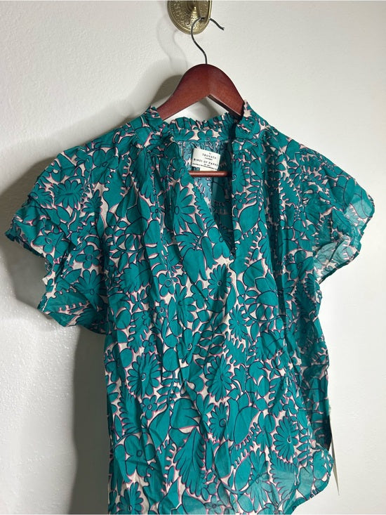 Trovata 100% Cotton Teal Floral Short Flutter Sleeve Clover Blouse
