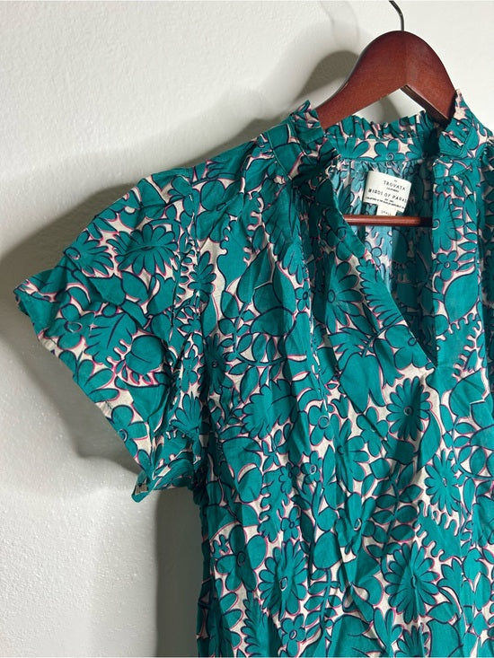 Trovata 100% Cotton Teal Floral Short Flutter Sleeve Clover Blouse