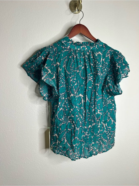 Trovata 100% Cotton Teal Floral Short Flutter Sleeve Clover Blouse