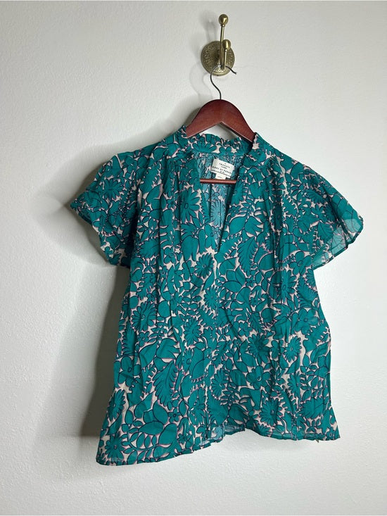Trovata 100% Cotton Teal Floral Short Flutter Sleeve Clover Blouse