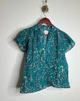 Trovata 100% Cotton Teal Floral Short Flutter Sleeve Clover Blouse
