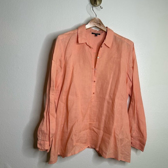 Eileen Fisher Peach Orange 100% Linen Button Down Long Sleeve