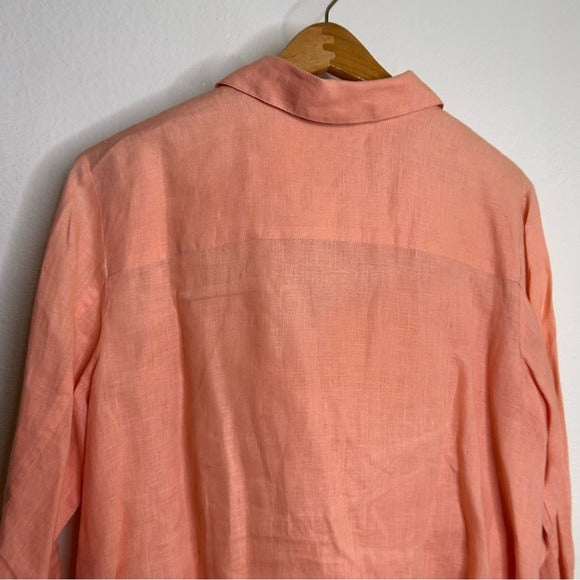 Eileen Fisher Peach Orange 100% Linen Button Down Long Sleeve
