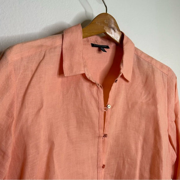 Eileen Fisher Peach Orange 100% Linen Button Down Long Sleeve