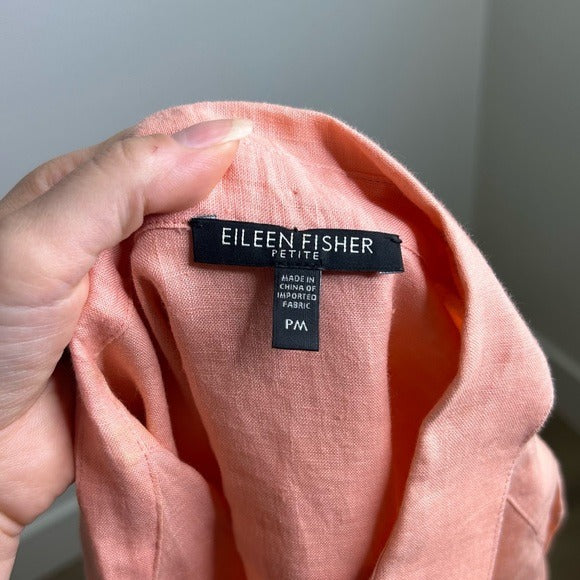 Eileen Fisher Peach Orange 100% Linen Button Down Long Sleeve