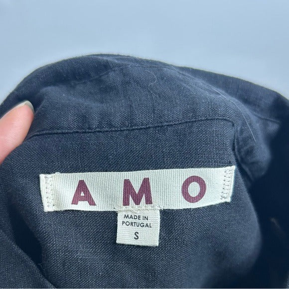 AMO Cotton Linen Panel Black Long Sleeve Button Down Gwen Shirt