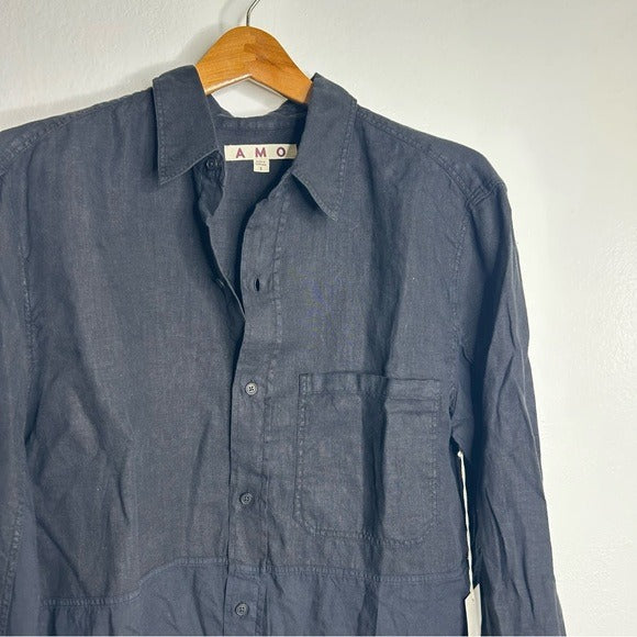 AMO Cotton Linen Panel Black Long Sleeve Button Down Gwen Shirt