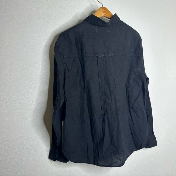 AMO Cotton Linen Panel Black Long Sleeve Button Down Gwen Shirt