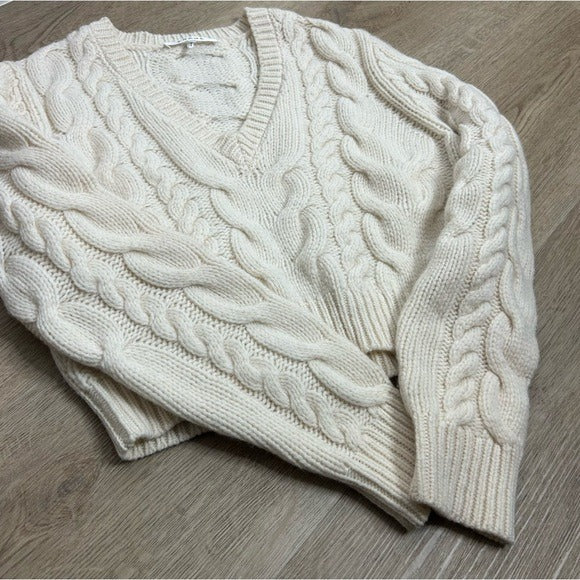 Frame Denim FRAME 100% Merino Wool Cream Thick V - Neck Cable Knit Cropped Sweater - Wool