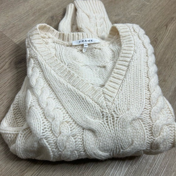 Frame Denim FRAME 100% Merino Wool Cream Thick V - Neck Cable Knit Cropped Sweater - Wool