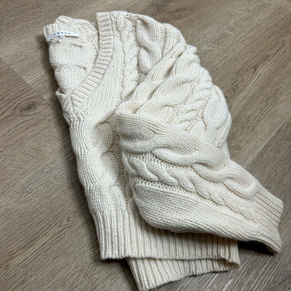 Frame Denim FRAME 100% Merino Wool Cream Thick V - Neck Cable Knit Cropped Sweater - Wool