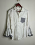 Trovata 100% Cotton White Two Tone Button Down Tulip Sleeve Ruffle Hem Top