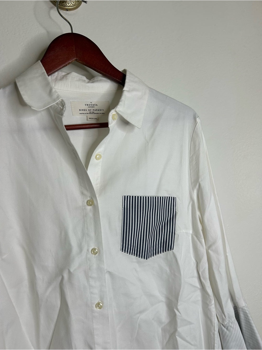 Trovata 100% Cotton White Two Tone Button Down Tulip Sleeve Ruffle Hem Top