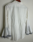 Trovata 100% Cotton White Two Tone Button Down Tulip Sleeve Ruffle Hem Top