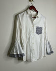 Trovata 100% Cotton White Two Tone Button Down Tulip Sleeve Ruffle Hem Top
