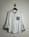 Trovata 100% Cotton White Two Tone Button Down Tulip Sleeve Ruffle Hem Top