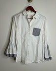 Trovata 100% Cotton White Two Tone Button Down Tulip Sleeve Ruffle Hem Top