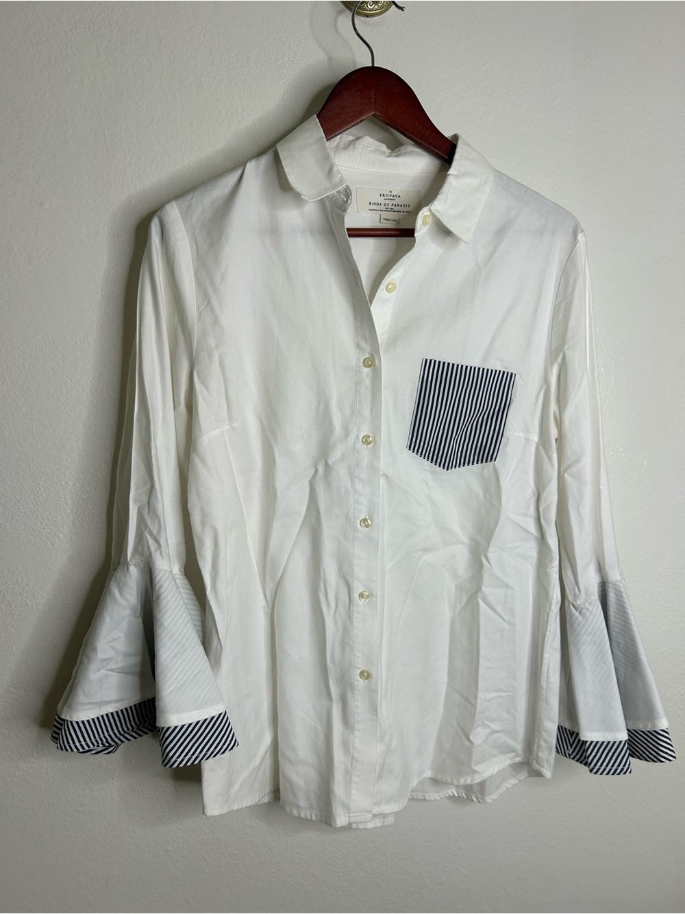 Trovata 100% Cotton White Two Tone Button Down Tulip Sleeve Ruffle Hem Top