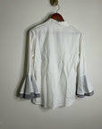 Trovata 100% Cotton White Two Tone Button Down Tulip Sleeve Ruffle Hem Top