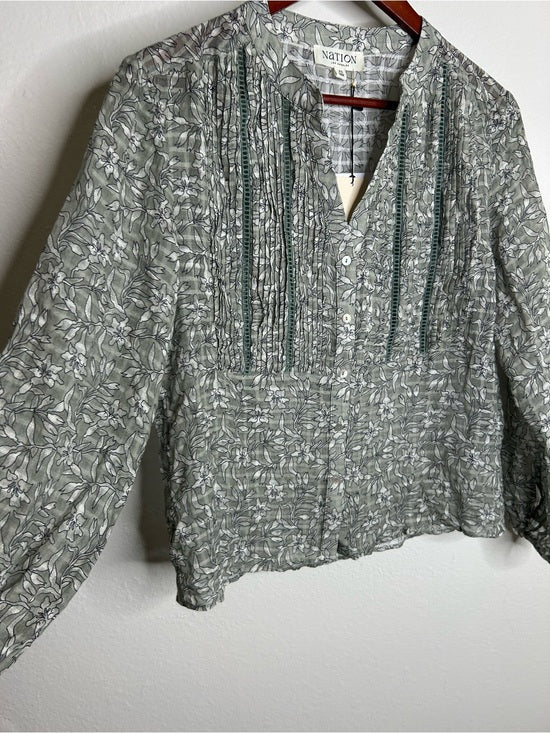 Nation LA 100% Cotton Floral Sage Green Button Down Lightweight Blouse
