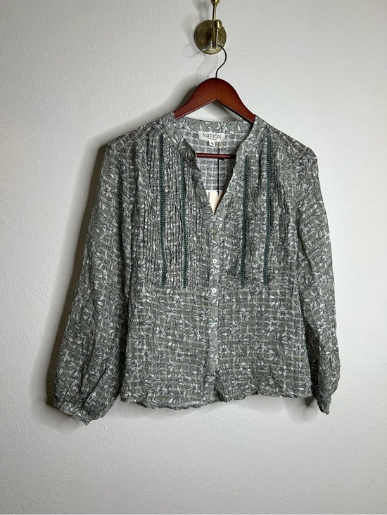 Nation LA 100% Cotton Floral Sage Green Button Down Lightweight Blouse