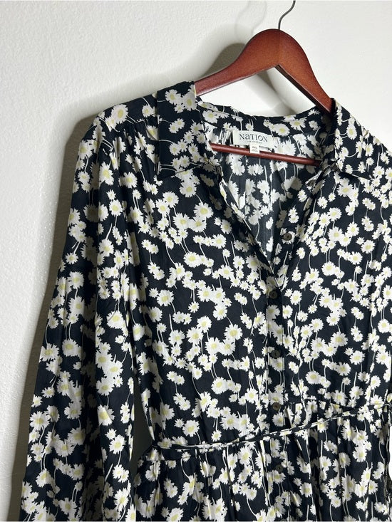 Nation LA 100% Organic Cotton Black Daisy Floral Printed Cinch Waist Dress