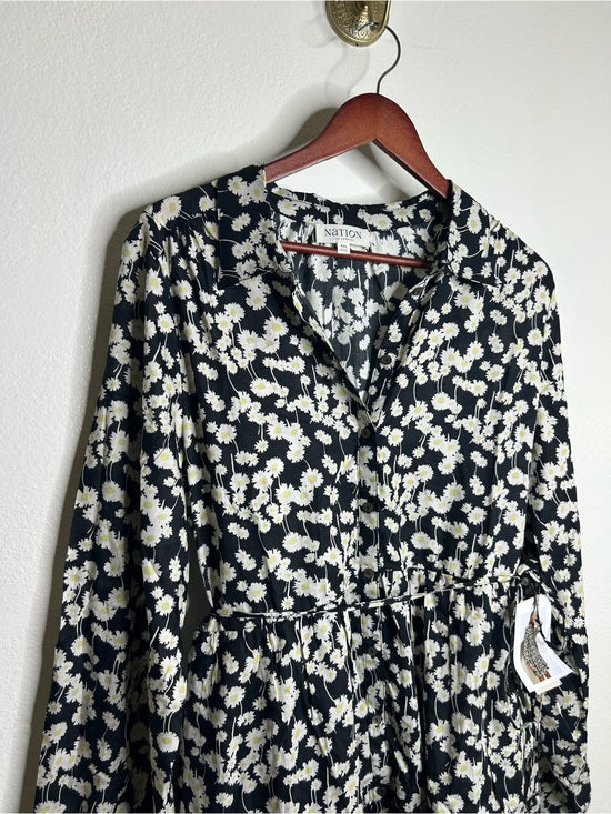 Nation LA 100% Organic Cotton Black Daisy Floral Printed Cinch Waist Dress