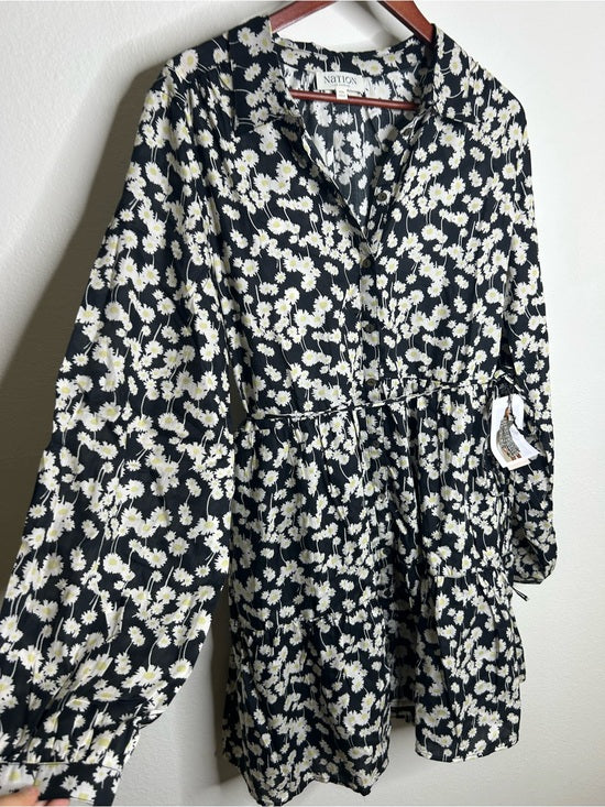 Nation LA 100% Organic Cotton Black Daisy Floral Printed Cinch Waist Dress