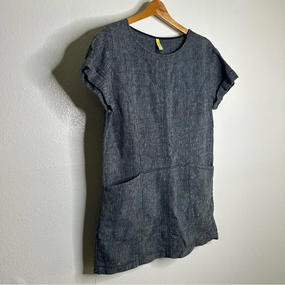 Free People Free People 100% Linen Striped Navy Tunic Style Shift Dress Boxy Fit - Linen