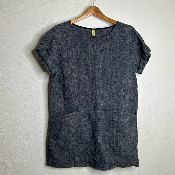 Free People Free People 100% Linen Striped Navy Tunic Style Shift Dress Boxy Fit - Linen