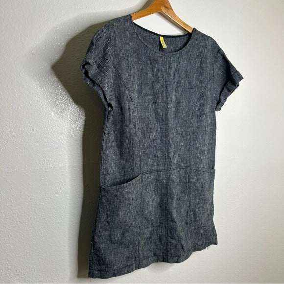 Free People Free People 100% Linen Striped Navy Tunic Style Shift Dress Boxy Fit - Linen