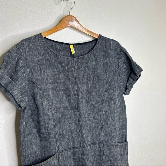 Free People 100% Linen Striped Navy Tunic Style Shift Dress Boxy Fit