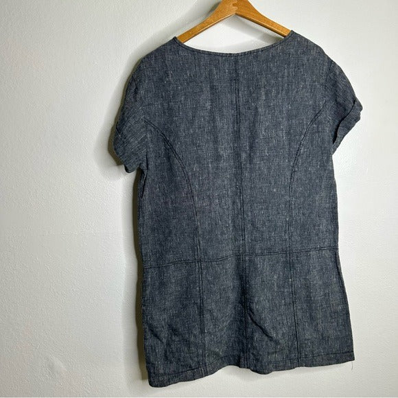 Free People 100% Linen Striped Navy Tunic Style Shift Dress Boxy Fit