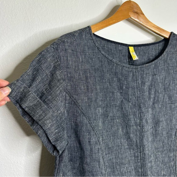 Free People 100% Linen Striped Navy Tunic Style Shift Dress Boxy Fit