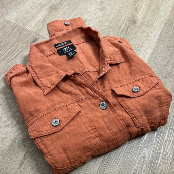 Jny JNY 100% Linen European Flax Rust Button Down Linen Collared Jacket - Linen