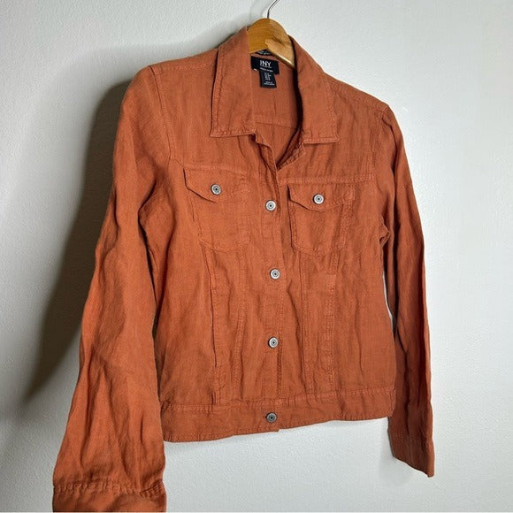 Jny JNY 100% Linen European Flax Rust Button Down Linen Collared Jacket - Linen