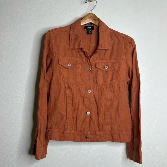 Jny JNY 100% Linen European Flax Rust Button Down Linen Collared Jacket - Linen