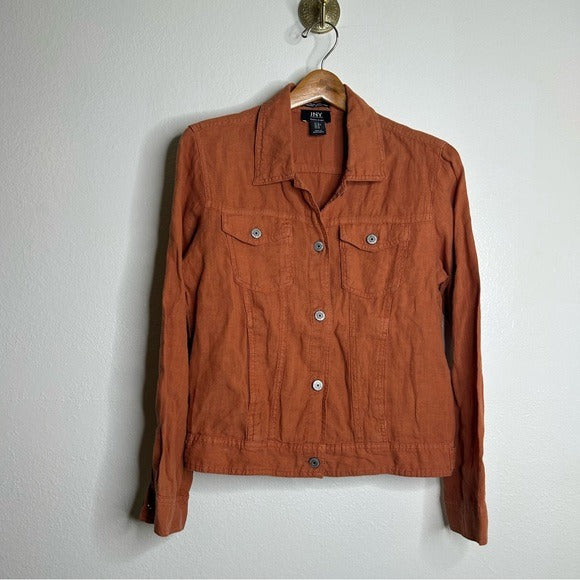 Jny JNY 100% Linen European Flax Rust Button Down Linen Collared Jacket - Linen