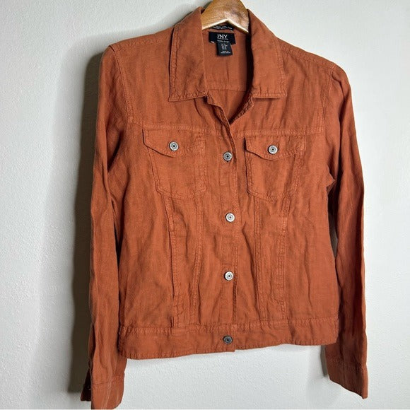 Jny JNY 100% Linen European Flax Rust Button Down Linen Collared Jacket - Linen