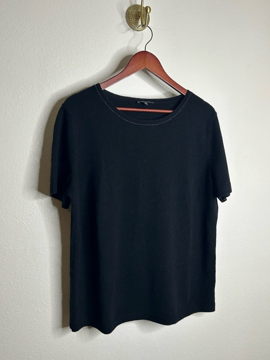 Lafayette 148 100% Cashmere Black Short Sleeve Knit Top Beaded Neckline