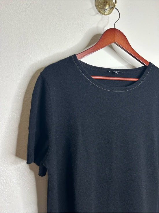 Lafayette 148 100% Cashmere Black Short Sleeve Knit Top Beaded Neckline