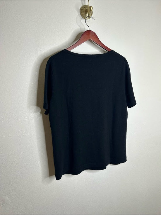 Lafayette 148 100% Cashmere Black Short Sleeve Knit Top Beaded Neckline
