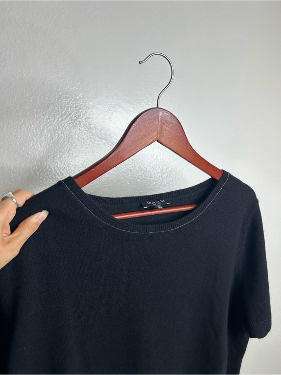 Lafayette 148 100% Cashmere Black Short Sleeve Knit Top Beaded Neckline