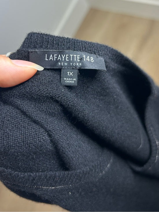Lafayette 148 100% Cashmere Black Short Sleeve Knit Top Beaded Neckline