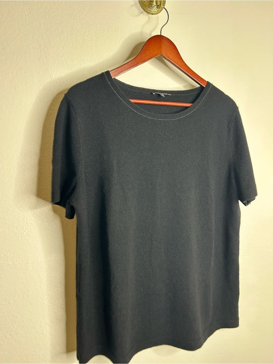 Lafayette 148 100% Cashmere Black Short Sleeve Knit Top Beaded Neckline