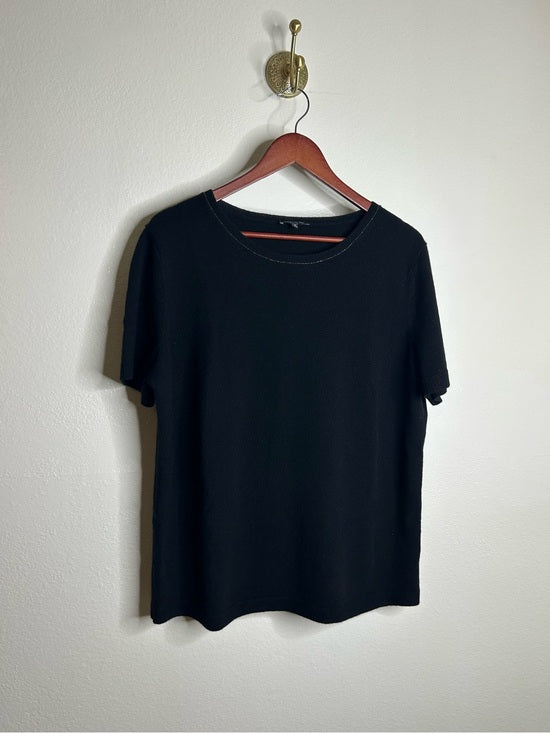 Lafayette 148 100% Cashmere Black Short Sleeve Knit Top Beaded Neckline