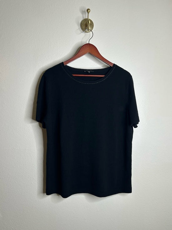 Lafayette 148 100% Cashmere Black Short Sleeve Knit Top Beaded Neckline